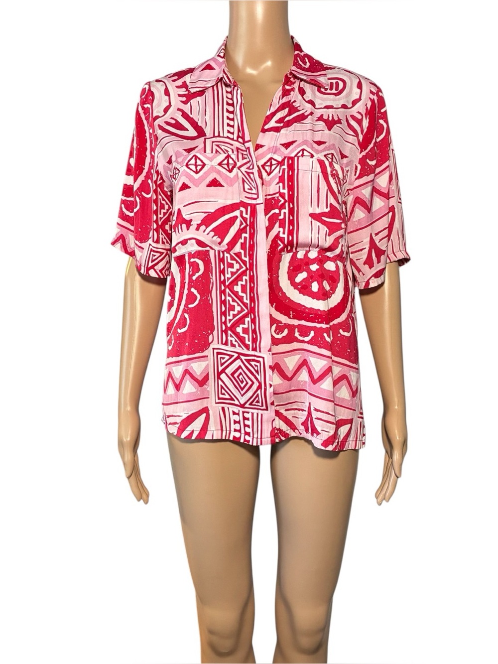 Rachel Zoe Women's Button Up Shirt S/P Geometric Short Sleeve Collared Pockets